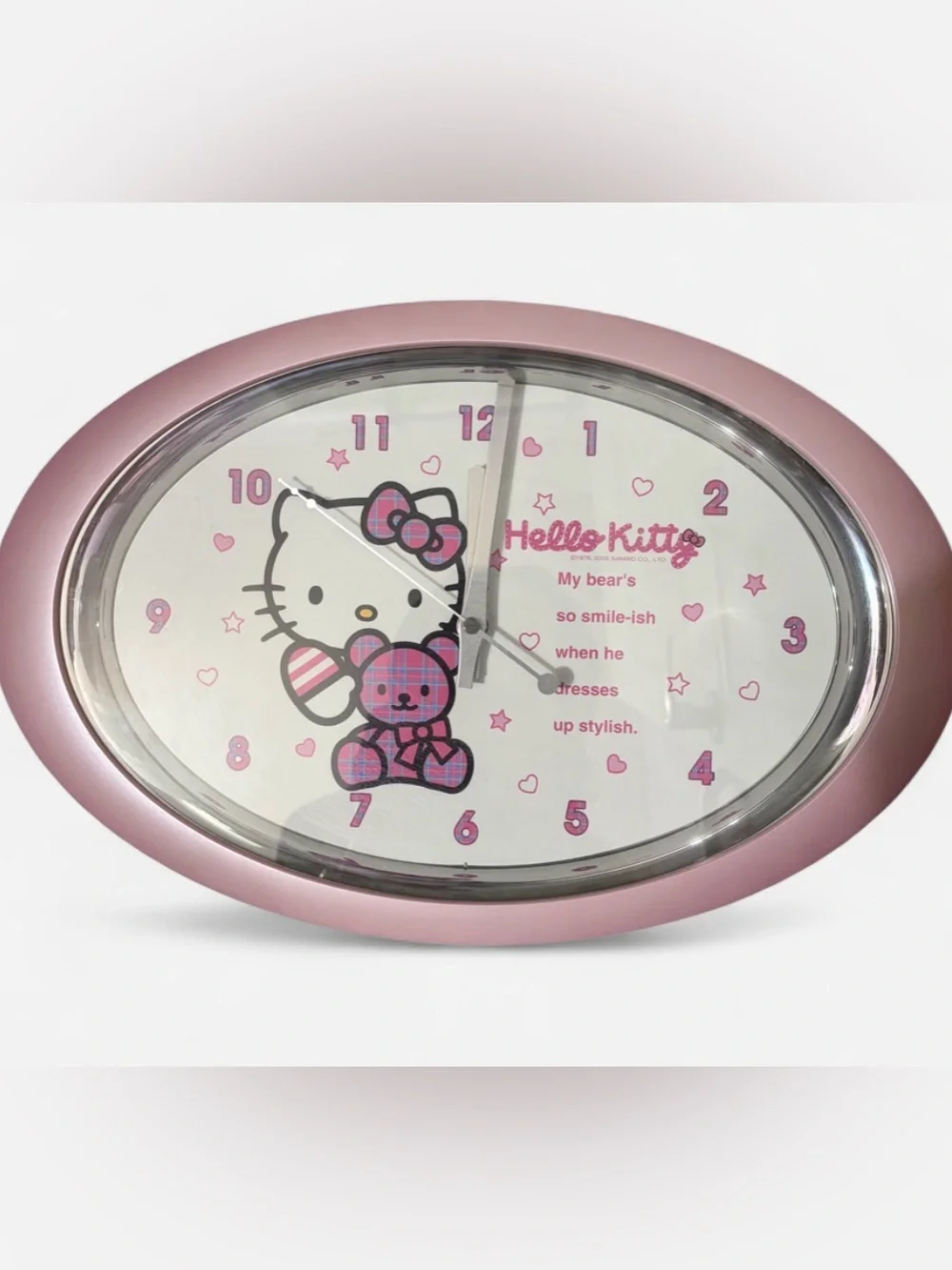Hello Kitty Pink Oval Wall Clock with Teddy Graphic 2005 USED